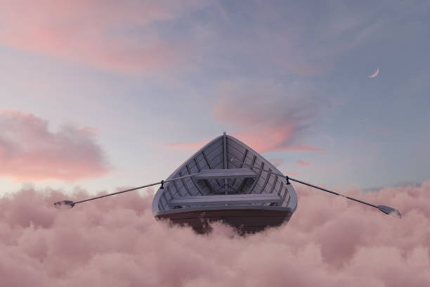 3d rendering of abandoned wooden boat over fluffy pink clouds stock photo