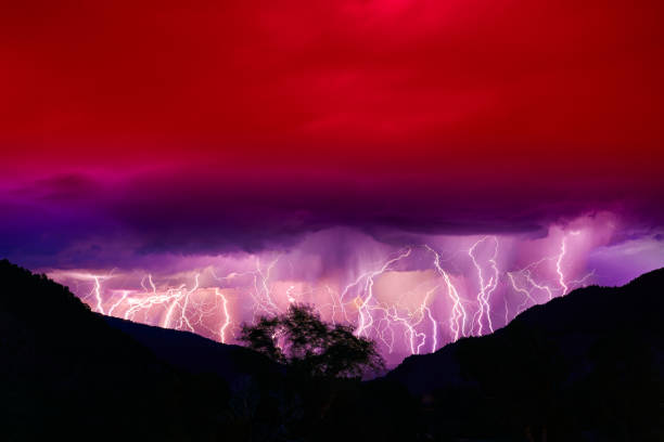 Night Storm with Many Lightning Bolts in Sky - Long exposure capturing many lightning bolts hitting high mountain ridges in distance.