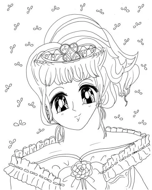 Vector illustration of Bright Sweet Young Princess Shoujo Anime Manga Style Dressed in Ruffled Bow Gown Coloring Page Illustration 2021