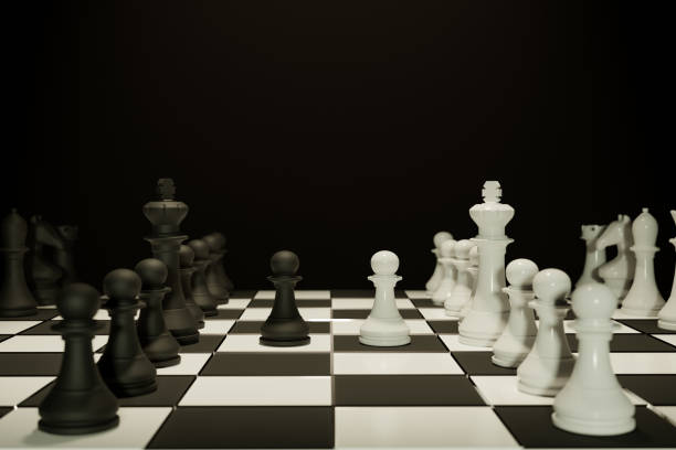 istock Two chess armies on the wooden chessboard. Empty place for text. chess battle 3d illustration 1331508408