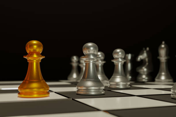 istock Two chess armies on the wooden chessboard. Empty place for text. chess battle 3d illustration 1331508414