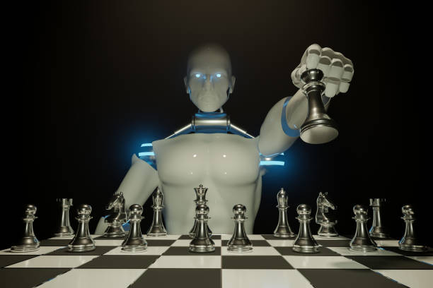 istock Robot chess armies on the wooden chessboard. Empty place for text. chess battle 3d illustration 1331508432