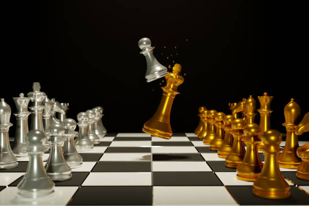 istock Two chess armies on the wooden chessboard. Empty place for text. chess battle 3d illustration 1331508534