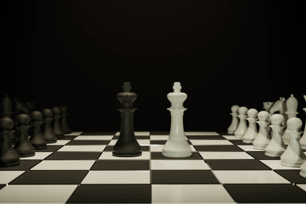 istock Two chess armies on the wooden chessboard. Empty place for text. chess battle 3d illustration 1331508543