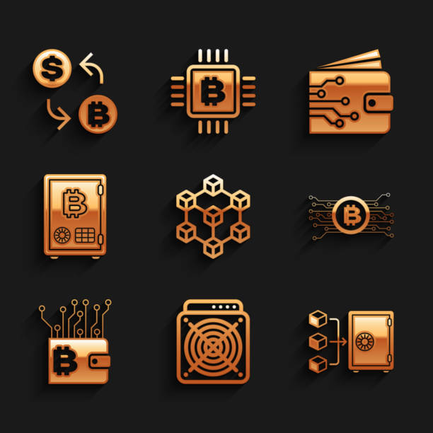 istock Set Blockchain technology, ASIC Miner, Proof of stake, Cryptocurrency bitcoin circuit, wallet and icon. Vector 1331509398