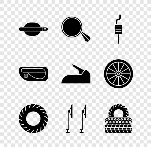 ilustrações, clipart, desenhos animados e ícones de coloque a maçaneta da porta do carro, espelho, silenciador, pneu, limpador de para-brisas e ícone do freio de mão. vetor - tire car brake rain