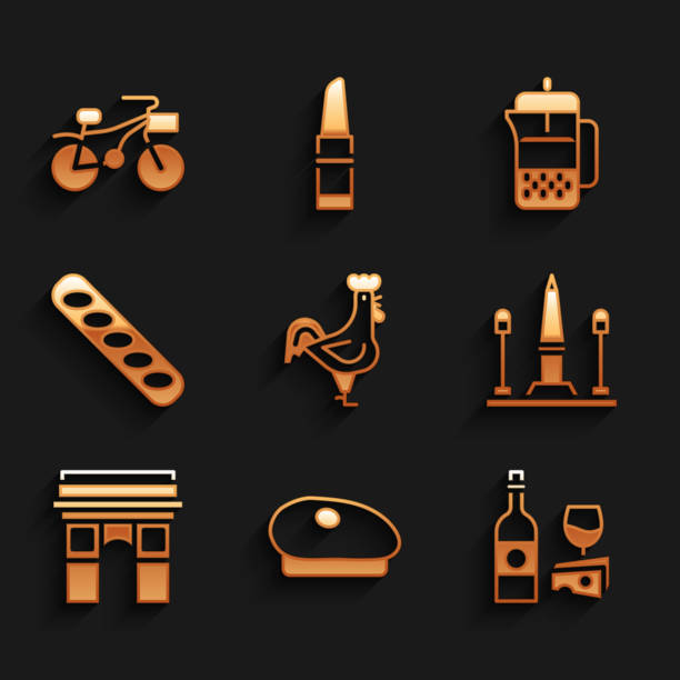 Set French rooster, beret, Wine bottle with cheese, Place De La Concorde, Triumphal Arch, baguette bread, press and Bicycle icon. Vector Set French rooster beret Wine bottle with cheese Place De La Concorde Triumphal Arch baguette bread press and Bicycle icon. Vector. delaware rooster stock illustrations