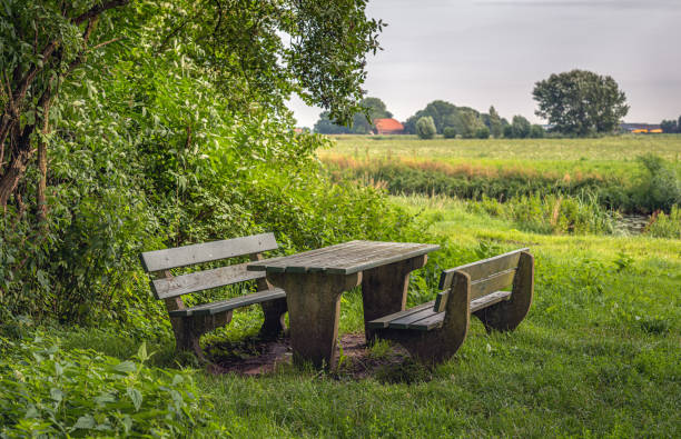Wooden picnic set in a rural area in the Dutch province of North Brabant. It is a cloudy day in the summer season.