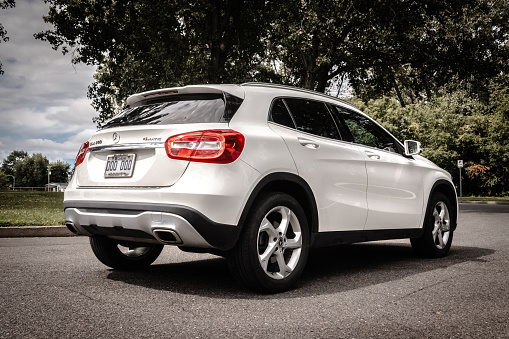 Sorel-Tracy, Canada - July 30, 2021: Mercedes Benz GLA 250 2019 white car outdoor shot at summer