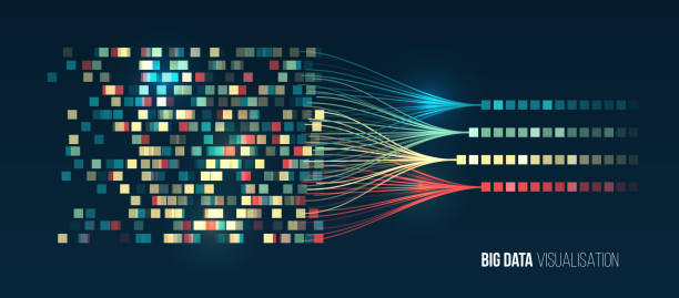 ilustrações de stock, clip art, desenhos animados e ícones de abstract stream information with ball array and binary code. filtering machine algorithms. sorting data. vector technology background. big data visualization. information analytics concept. - variação
