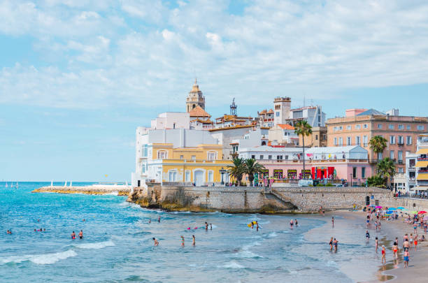 hello from sitges, a costa brava seaside town in catalonia - espanha imagens e fotografias de stock