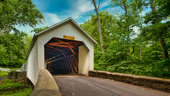A covered bridge over the Cabin Run in Pipersville, Pennsylvania.