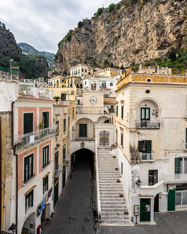 View of Atrani, a small picturesque town on the Amalfi Coast and the smallest town in Italy. Atrani, Italy, June 2021