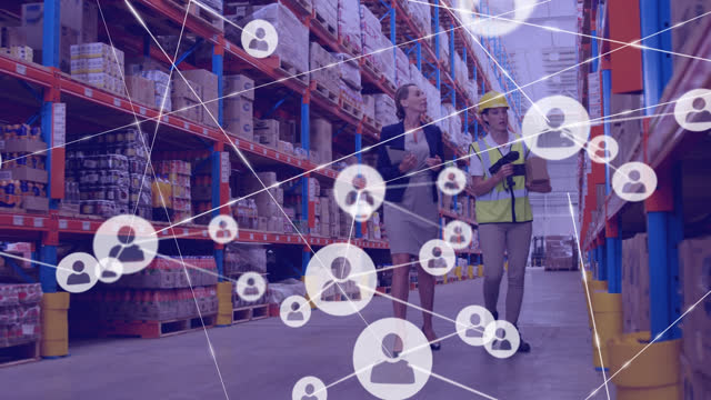 Network of profile icons against caucasian female supervisor and worker checking stock at warehouse