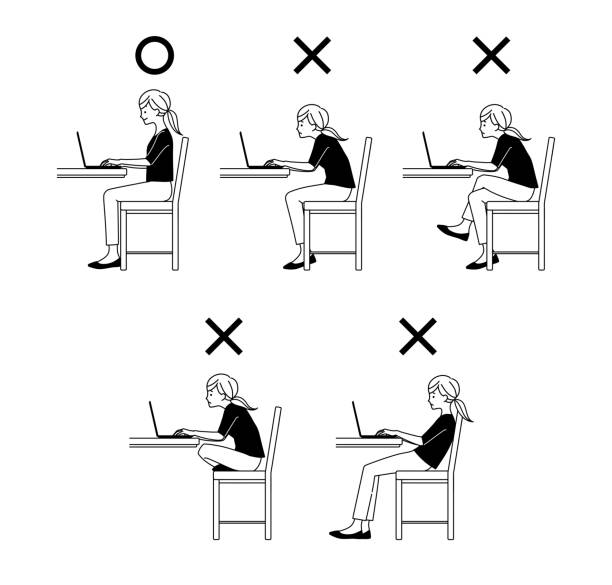 ilustraciones, imágenes clip art, dibujos animados e iconos de stock de una mujer que usa una computadora en buena y mala postura - sacrum