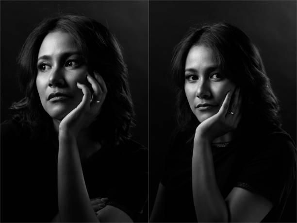 istock Asian girl shows Eyes Face expression over Black & White 1331533326