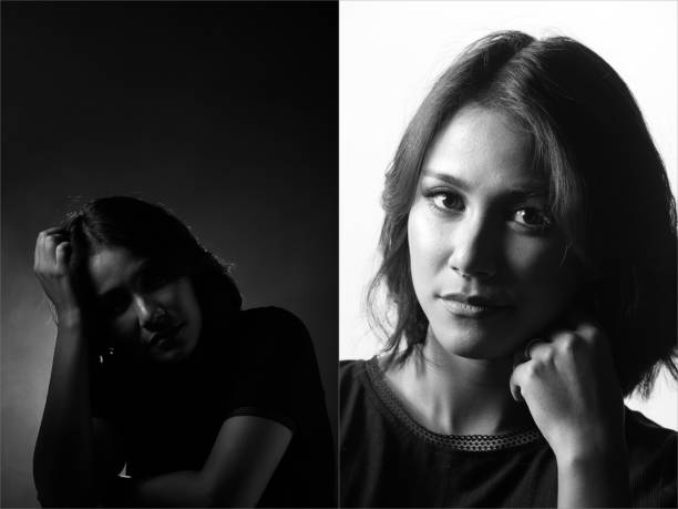 istock Asian girl shows Eyes Face expression over Black & White 1331533332