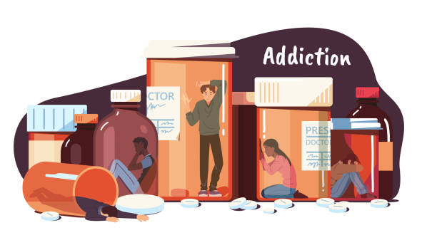 Drug addict concept illustration. Many addicted people trapped inside pill bottles, drug dependent person suffering. Society addiction problem narcotic substance systematic abuse flat vector character Drug addict concept. Many addicted people trapped inside pill bottles, drug dependent person suffering. Society addiction problem narcotic substance systematic abuse flat style vector character isolated illustration drug abuse stock illustrations