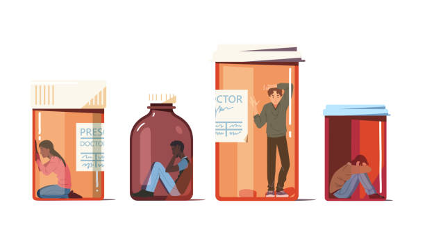 Drug addict concept illustration set. Addicted people trapped inside pill bottles, drug dependent person suffering. Society addiction problem narcotic substance systematic abuse flat vector character Drug addict concept set. Addicted people trapped inside pill bottles, drug dependent person suffering. Society addiction problem narcotic substance systematic abuse flat style vector character isolated illustration crisis illustrations stock illustrations