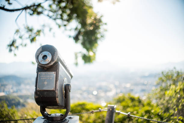 stationary observation binoculars at sunrise on a sunny winter day in Side Antalya