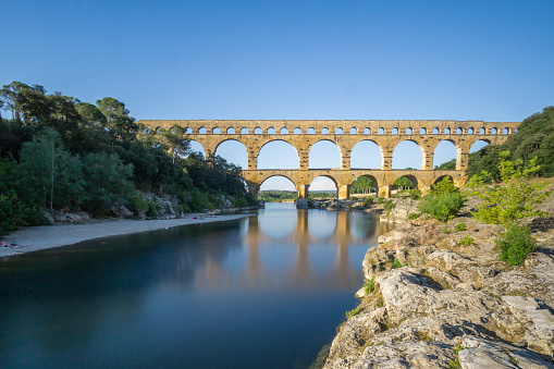 Roman aqueduct Pont du Gard, Unesco World Heritage site. Located near Nimes, Languedoc, France
