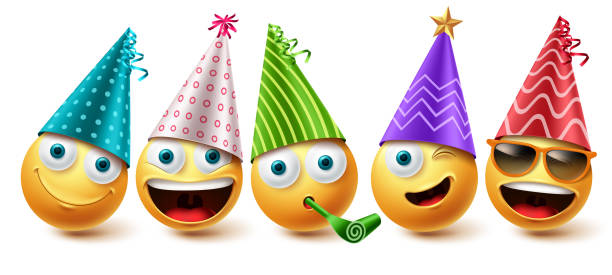 illustrations, cliparts, dessins animés et icônes de smiley anniversaire emoji vector ensemble. smileys émoticône fête d’anniversaire icône collection - anniversaire