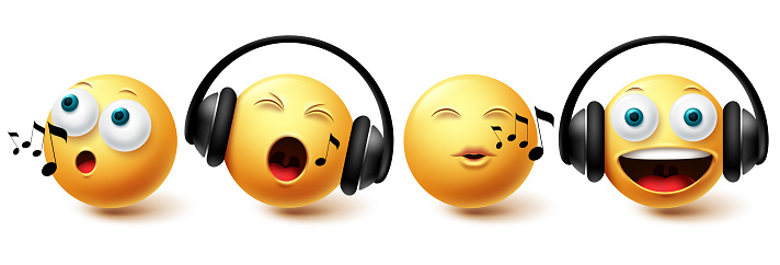 Smiley music emoji vector set. Smileys emoticon with headphones singing and listening icon collection isolated in white background for graphic design elements. Vector illustration