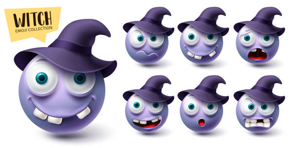 smileys hexe emoji vektor set. smiley emojis halloween charakter icon sammlung - hexenhut stock-grafiken, -clipart, -cartoons und -symbole