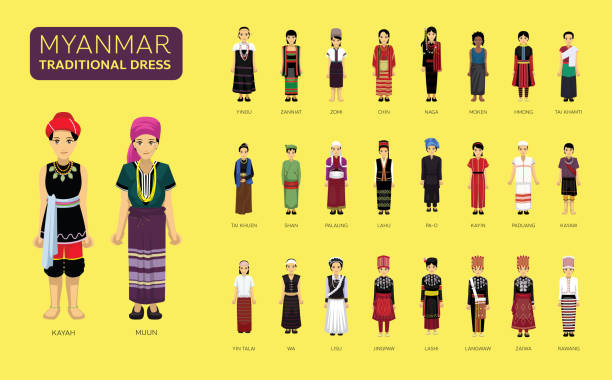 Manga Style Myanmar Traditional Dress Woman Clothes Cartoon Character Set Myanmar Tribe Cartoon EPS10 File Format padaung tribe stock illustrations