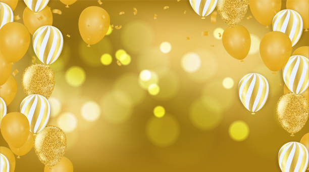 istock Gold balloons and Celebration background template with confetti and gold ribbons. luxury 1331554237