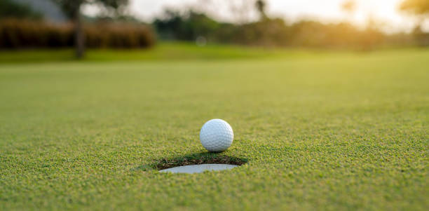 istock White golf ball on golf pin green grass near hole with golf course background , green tree sun rays. 1331555034