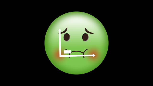 Digital animation of bar graph icon over green sick face emoji against black background