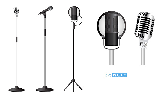 set of realistic microphone or mic standing at podium or classic mic concept. eps vector