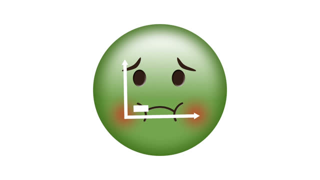 Digital animation of bar graph icon over green sick face emoji against white background