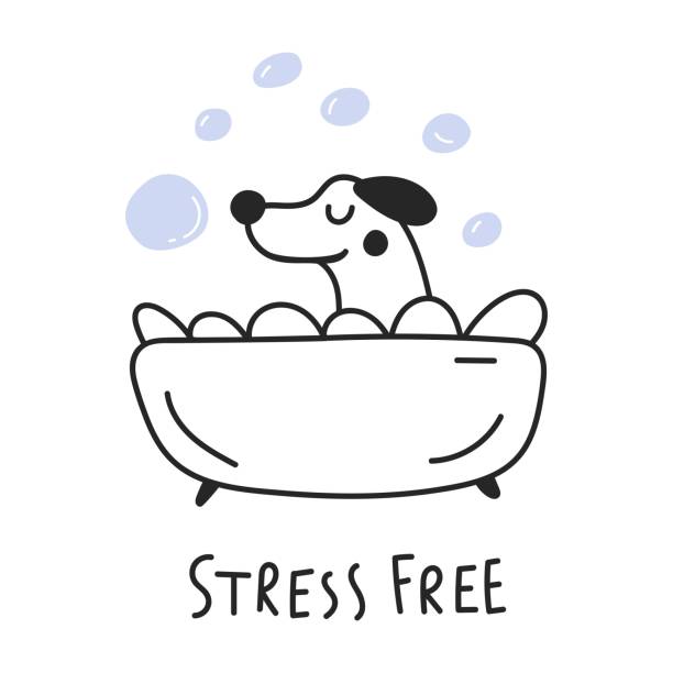 Cute dog taking a bath. Stress free. Vector outline illustration. Best for greeting cards design. bathtub illustrations stock illustrations