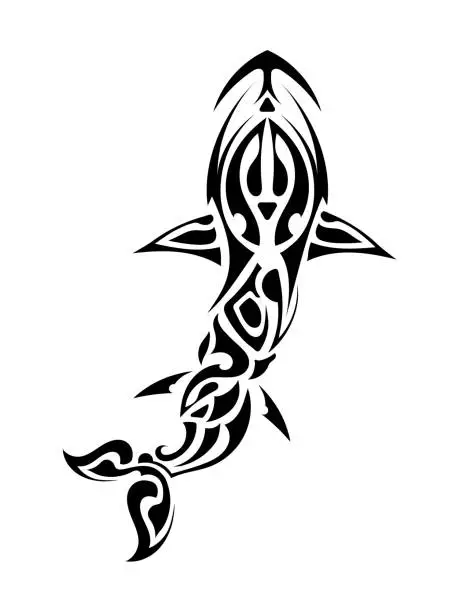 Vector illustration of Polynesian style shark pattern. Shark tattoo in polynesia style. Good for tattoos, prints and t-shirts. Isolated. Vector.