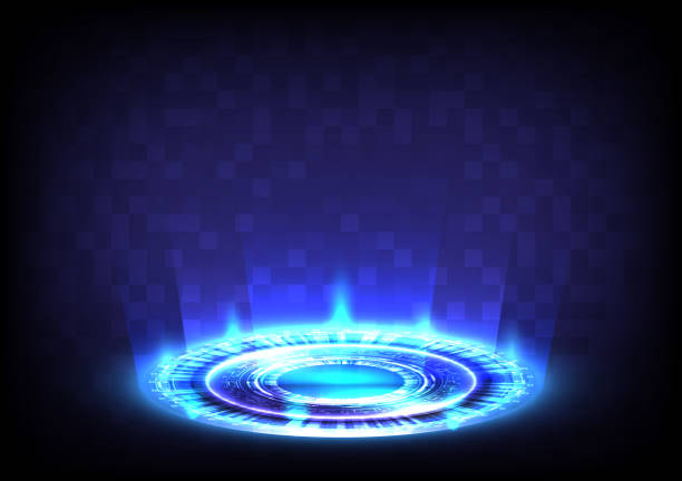 istock Abstract background. Portal and hologram science futuristic. Sci-fi digital hi-tech in glowing HUD with halo. Magic gate in game fantasy. Digital-circle teleport podium. GUI and UI virtual reality 1331570628