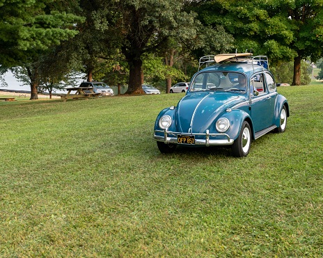 Elizabethtown, KY, USA - July 30, 2021: A classic style Volkswagen Beetle, with a surfboard mounted on its roof, driving away from the Cruisin' The Heartland 2021 car show at Freeman Lake Park.