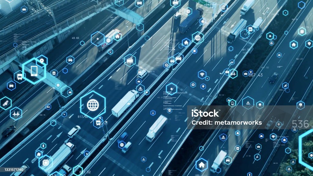 Transportation and technology concept. ITS (Intelligent Transport Systems). Mobility as a service. Telematics. Freight Transportation Stock Photo