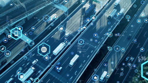 koncepcja transportu i technologii. its (inteligentne systemy transportowe). mobilność jako usługa. telematyka. - freight transportation zdjęcia i obrazy z banku zdjęć