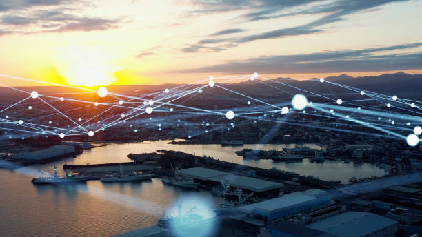 istock Port city and communication network concept. 5G. IoT (Internet of Things). Telecommunication. 1331571751