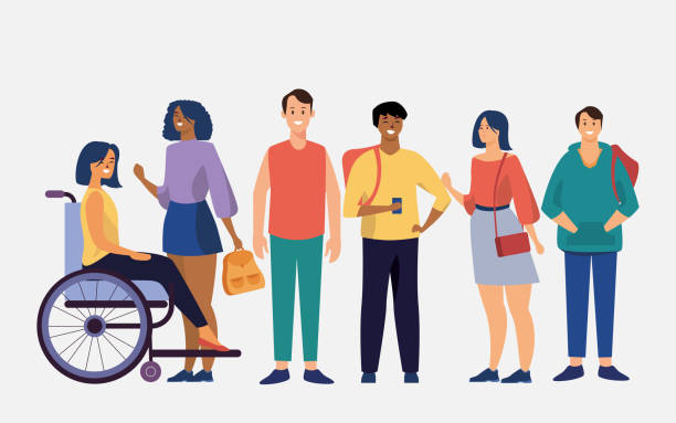 ilustrações de stock, clip art, desenhos animados e ícones de concept of a group of happy looking people and a disabled person. a vector illustration of various characters of different gender, ethnicity and physical condition, flat vector set of people. - alter ego illustrations