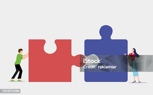 istock Teamwork concept, people connecting piece puzzle elements. Business leadership, partnership illustration. Man and woman working together with giant puzzle elements. Symbol of partnership and cooperation. 1331574296