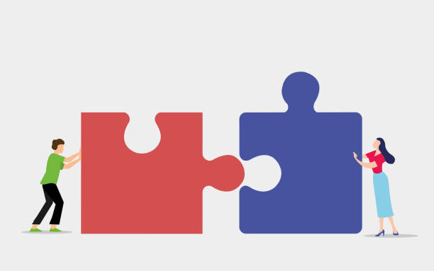 Teamwork concept, people connecting piece puzzle elements. Business leadership, partnership illustration. Man and woman working together with giant puzzle elements. Symbol of partnership and cooperation. The two piece puzzle represents cooperation, the puzzle consists of the colors red and blue. A man and a woman become partners for a business. There are two people using their powers. Gender equality business concept. Flat vector illustration isolated on white background. puzzle stock illustrations
