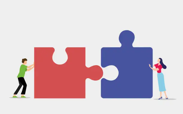 Vector illustration of Teamwork concept, people connecting piece puzzle elements. Business leadership, partnership illustration. Man and woman working together with giant puzzle elements. Symbol of partnership and cooperation.
