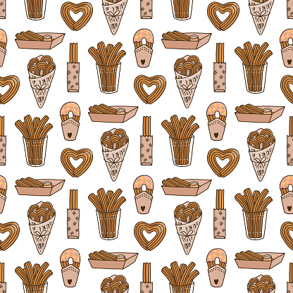 Seamless pattern with Churros (or churro) is a traditional Spanish dessert, on a white background. Excellent design for menu, brochures, poster, packaging, wrapping paper etc.