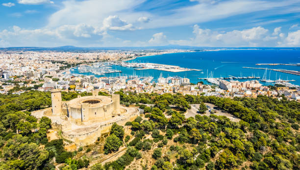 Aerial view of Castell de Bellver Majorca, Spain - June 10, 2021:Aerial view of Castell de Bellver, medieval fortress in Palma de Mallorca, Spain majorca stock pictures, royalty-free photos & images