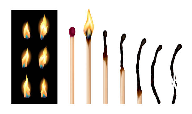 zestaw kijów meczowych z sekwencją nagrywania. drewniane zapałki w różnych etapach płoną i świecą na czerwono, wydmuchiwane i całkowicie spalone. abstrakcyjna realistyczna ilustracja wektorowa - tobacco sticks stock illustrations