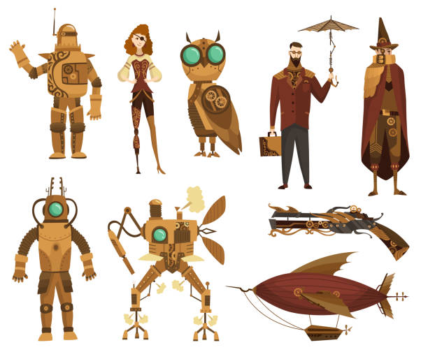 Steampunk technology collection. Fantasy vintage transport and people cartoon characters, vector illustration. Mechanical vehicle, pistol and robots. Steam punk invention isolated set Steampunk technology collection. Fantasy vintage transport and people cartoon characters, vector illustration. Mechanical vehicle, pistol and robots. Steam punk invention isolated set. steampunk woman stock illustrations