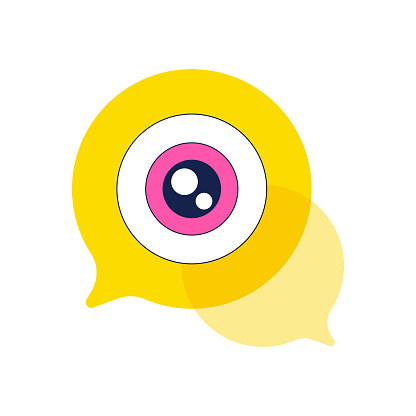 Vector illustration of a human eye on a speech bubble. Cut out design element on a white background. Colors are global for easier editing.